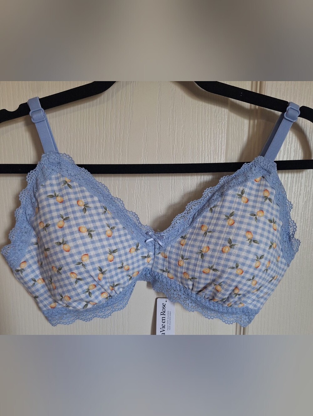 XL La Vie En Rose Light Blue Gingham Bra with Peach Print